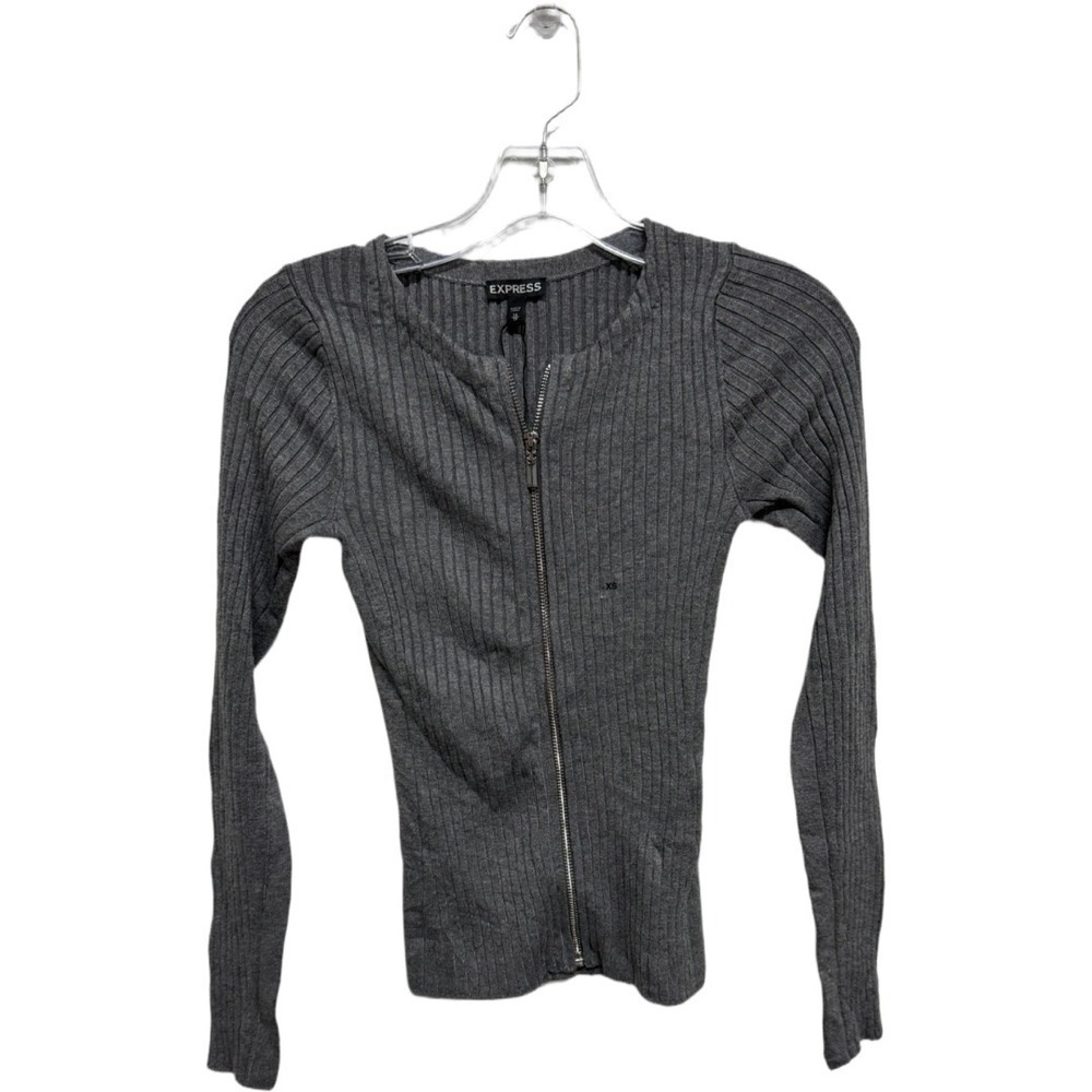 Vintage 2000's Y2K Long Sleeve Sweater Slim Fit Gray Ribbed Full Zip NWT Size XS
